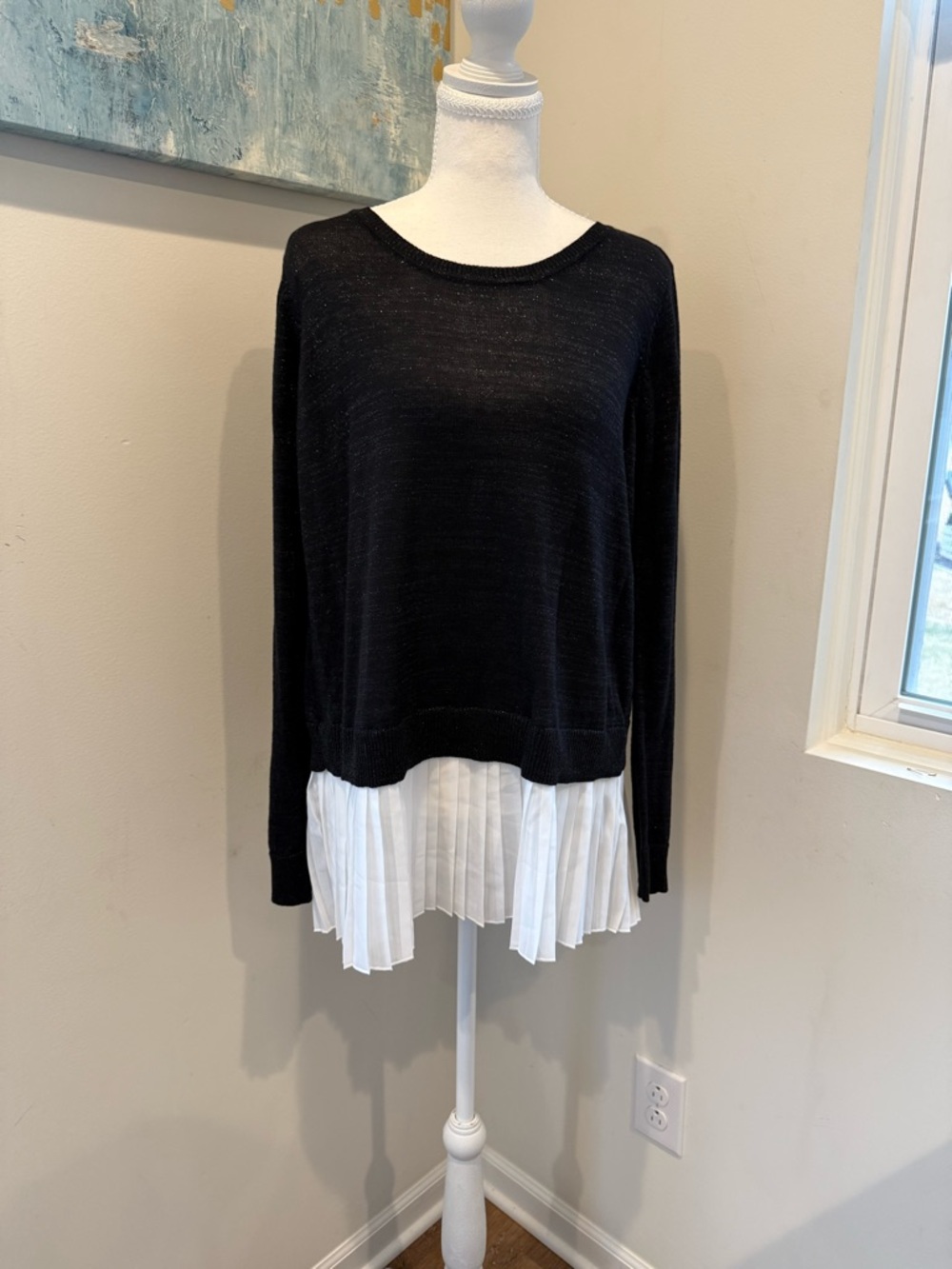 Fever Black Knit Sweatshirt with White Pleated Hem Size Medium Modern Wednesday
